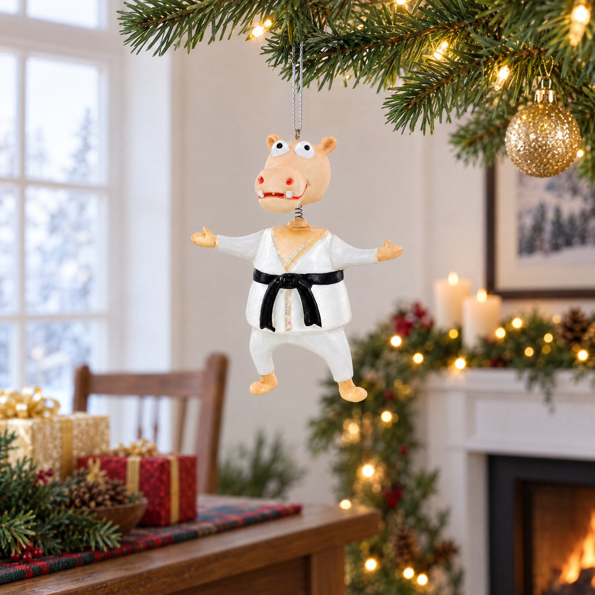 Martial Arts Karate Hippo Glass Christmas Ornament