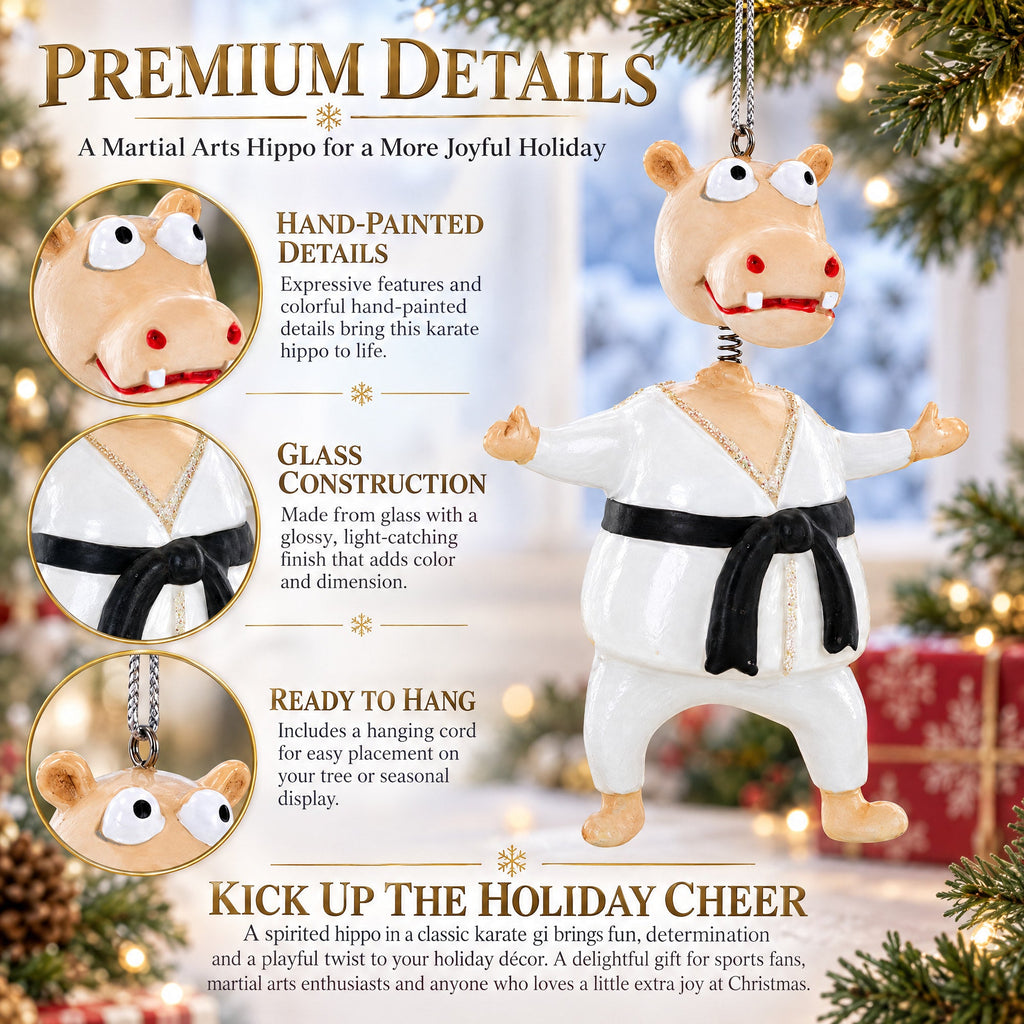 Martial Arts Karate Hippo Glass Christmas Ornament