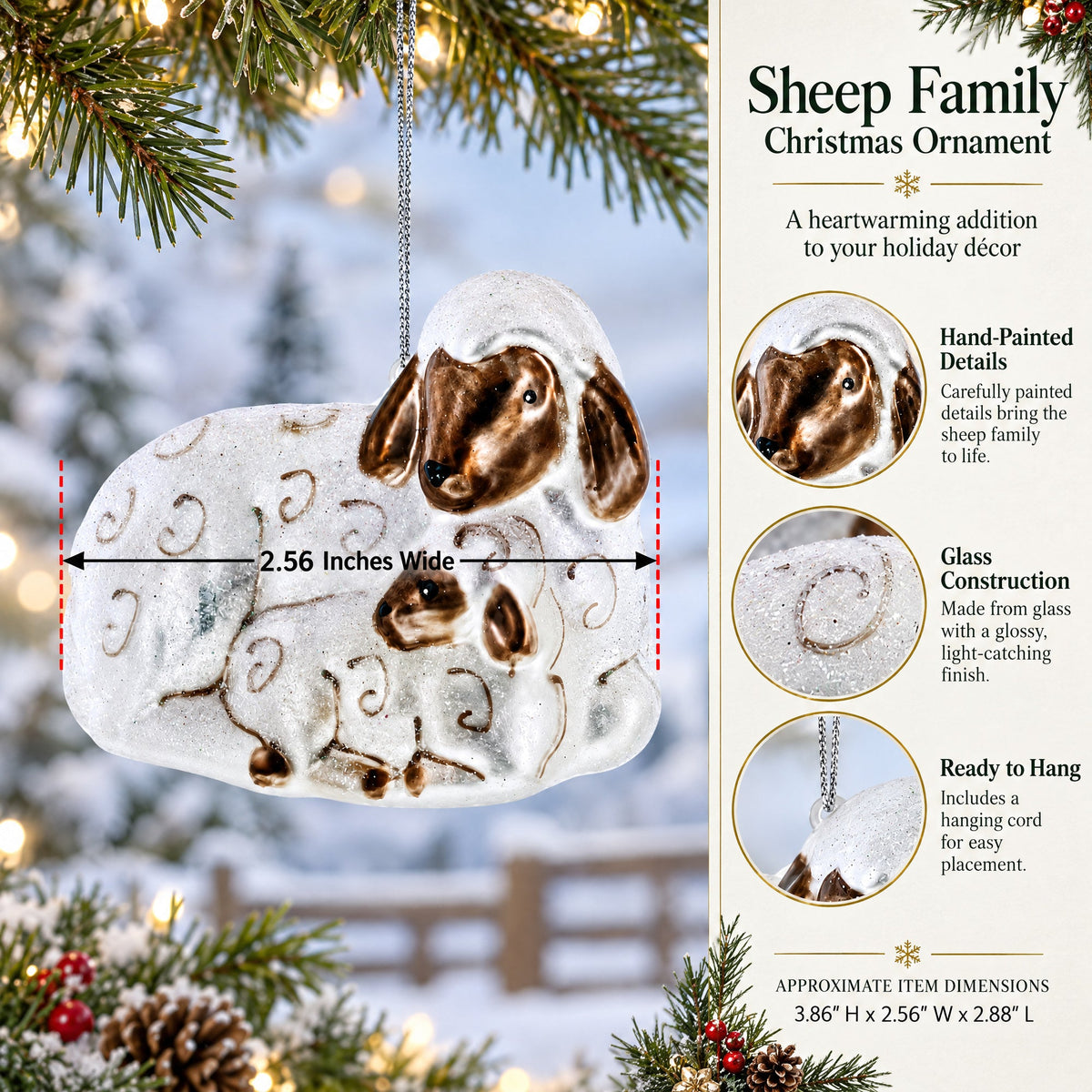 Sheep Family Glass Christmas Ornament