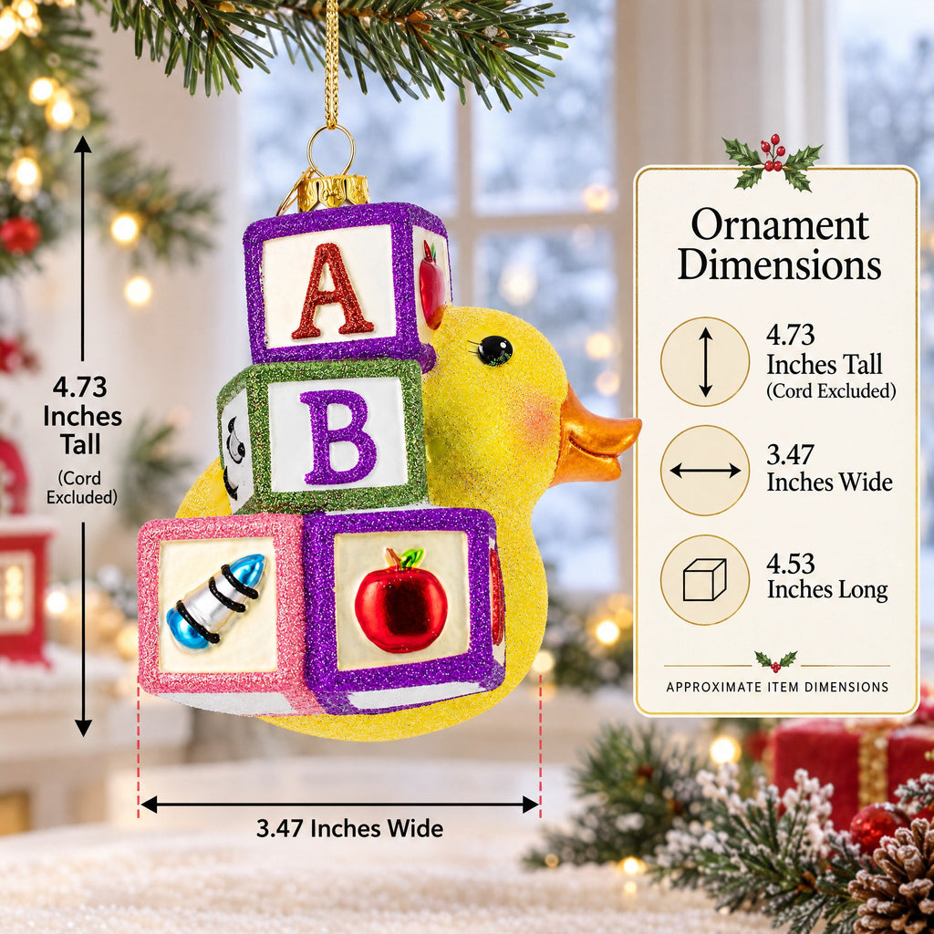 Educational Yellow Duck with ABC Blocks Glass Christmas Ornament
