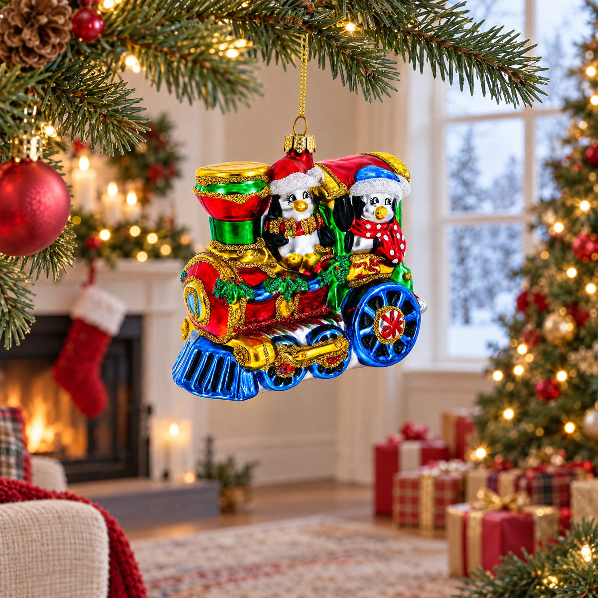 Playful Penguins Riding Train Glass Christmas Ornament