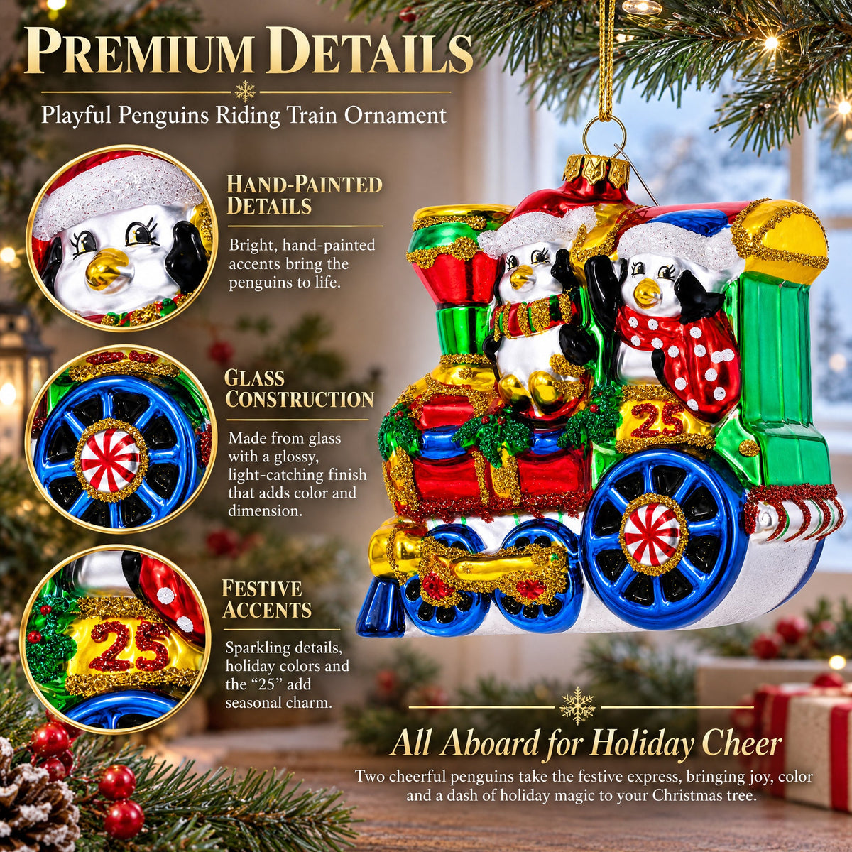 Playful Penguins Riding Train Glass Christmas Ornament