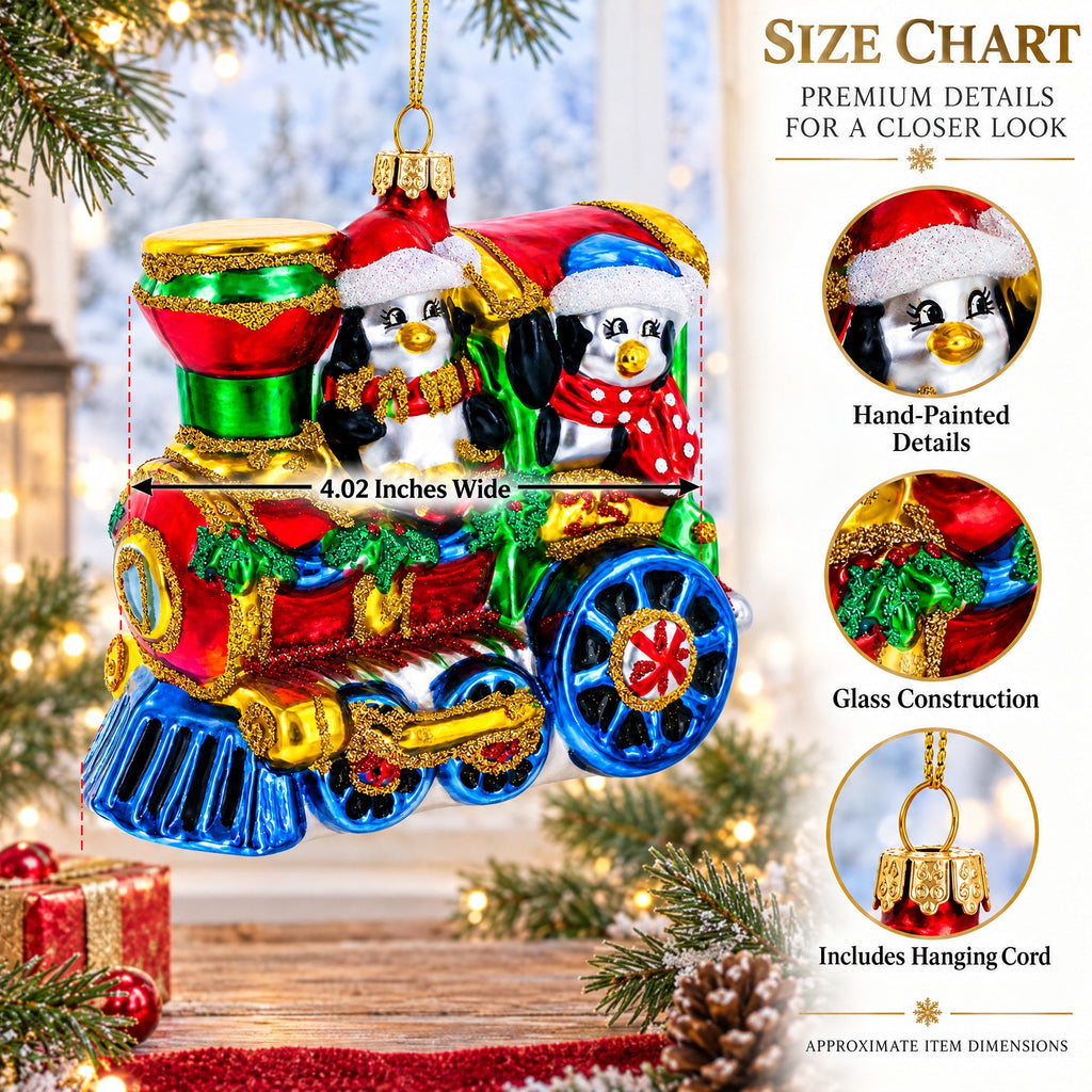 Playful Penguins Riding Train Glass Christmas Ornament