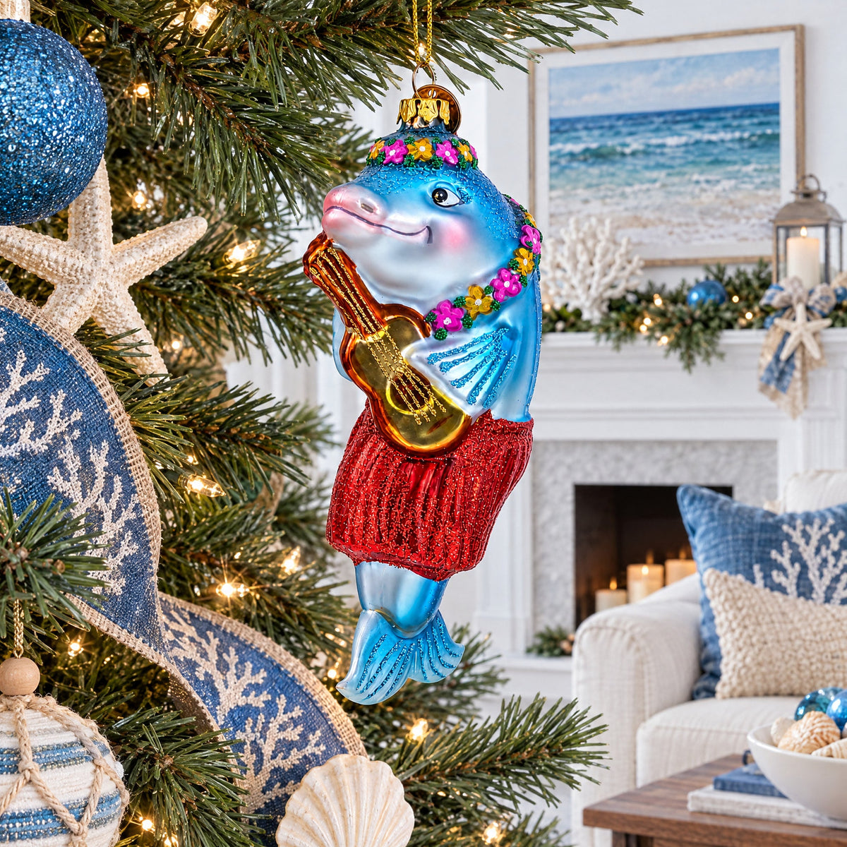 Dolphin Playing Guitar Glass Christmas Ornament