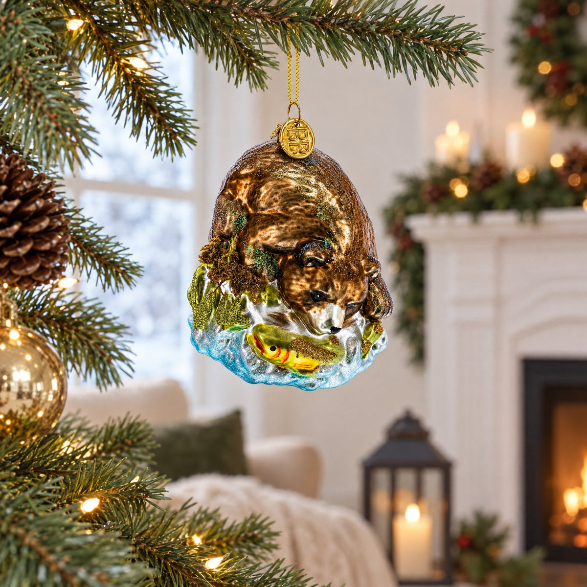Wild Bear Watching Fish Glass Christmas Ornament