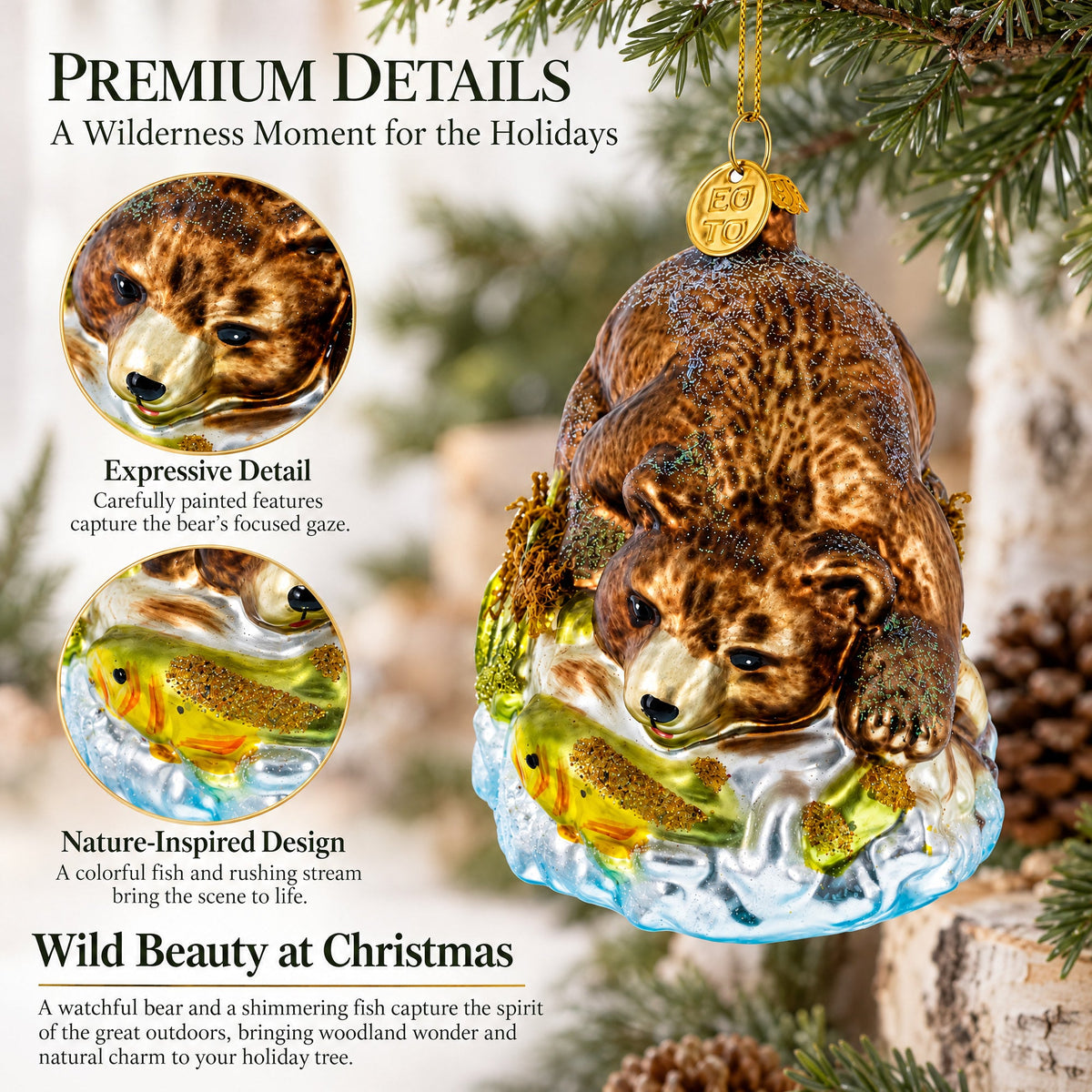Wild Bear Watching Fish Glass Christmas Ornament
