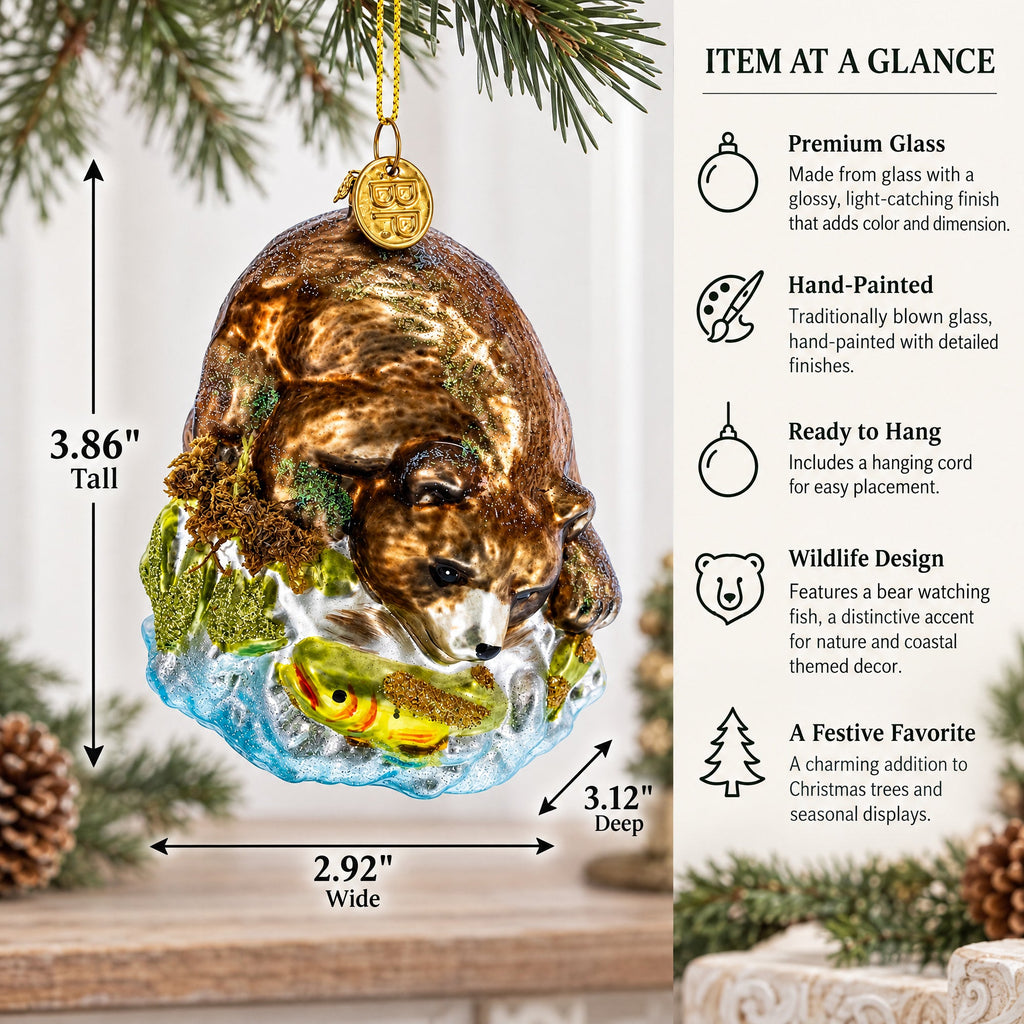 Wild Bear Watching Fish Glass Christmas Ornament