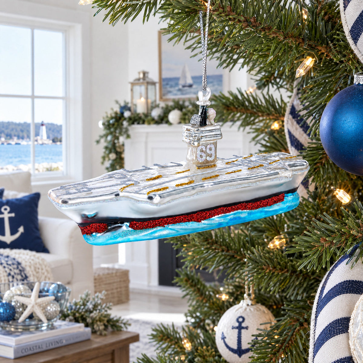Aircraft Carrier Glass Christmas Ornament