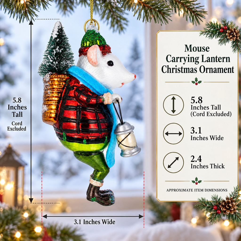 Mouse Carrying Lantern Glass Christmas Ornament