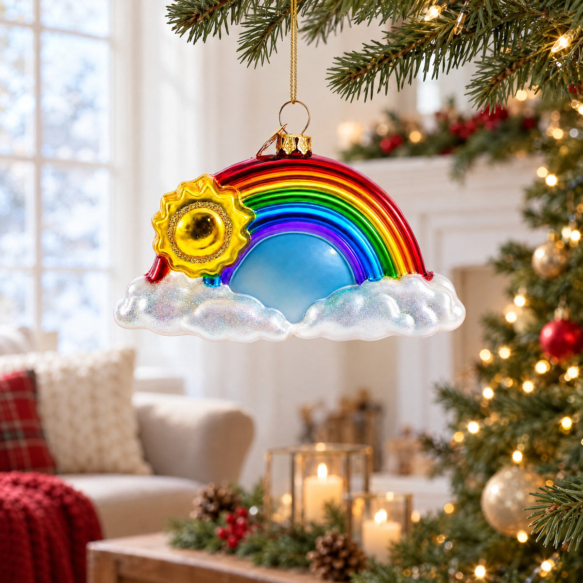 Rainbow and Smiling Sun Glass Christmas Ornament