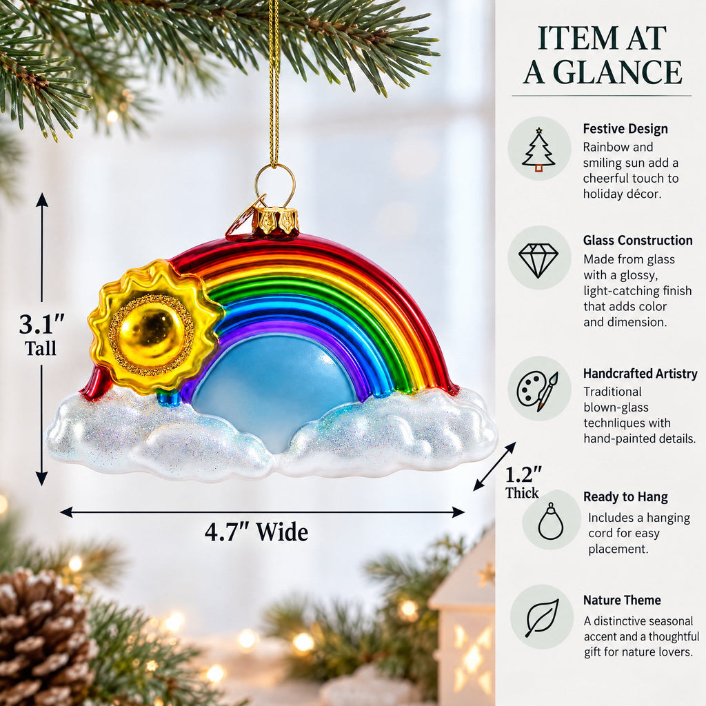 Rainbow and Smiling Sun Glass Christmas Ornament