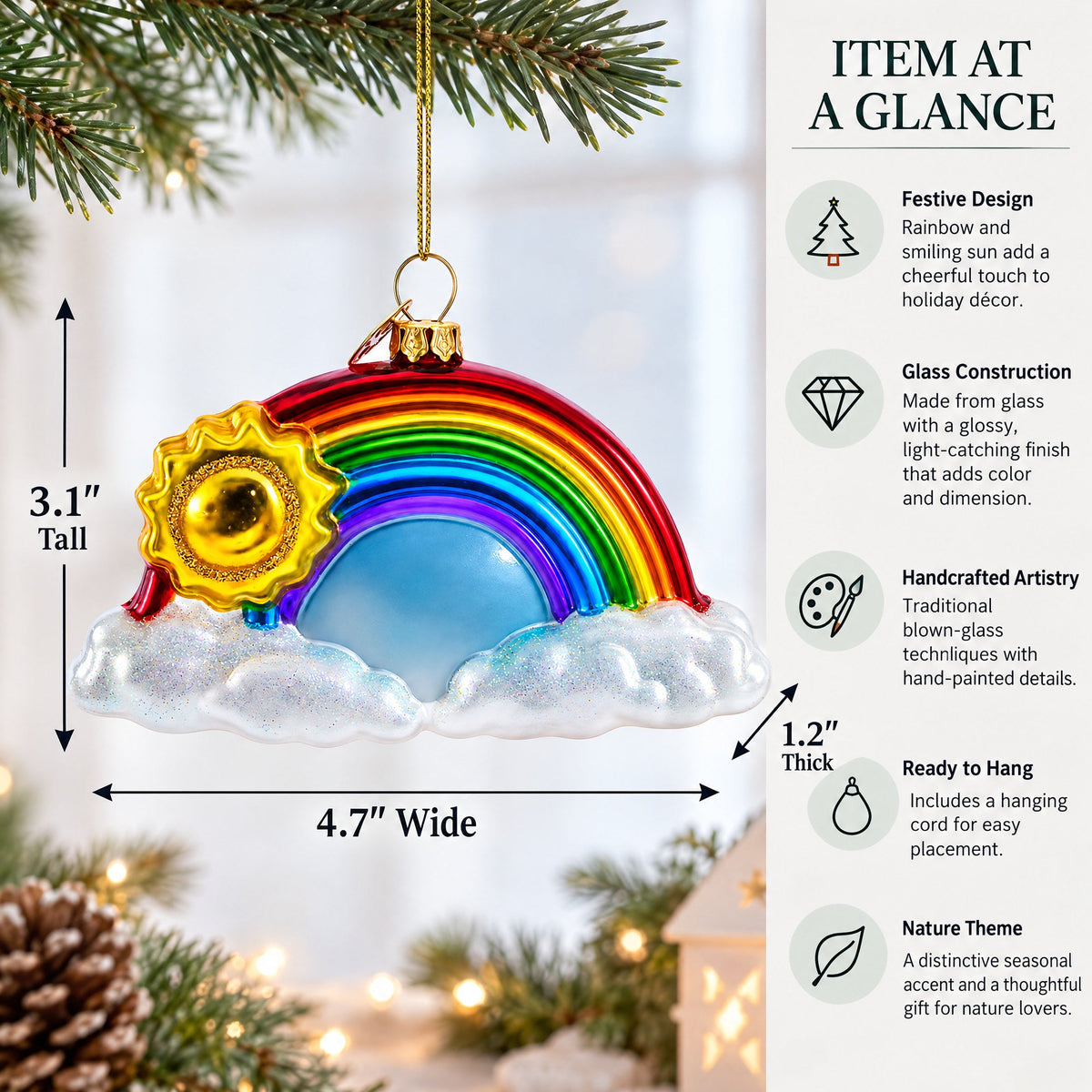 Rainbow and Smiling Sun Glass Christmas Ornament