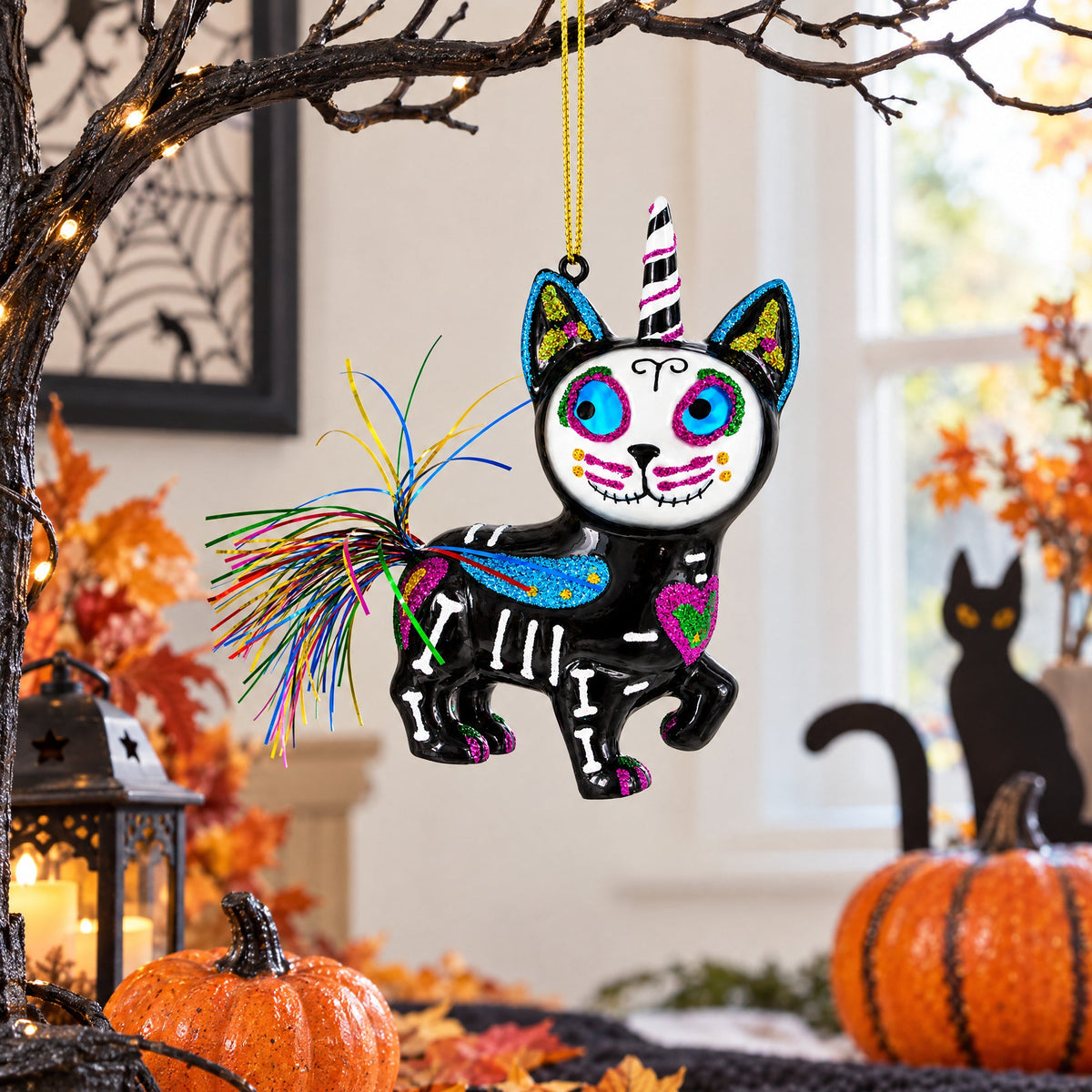 Black Cat on Halloween Glass Christmas Ornament