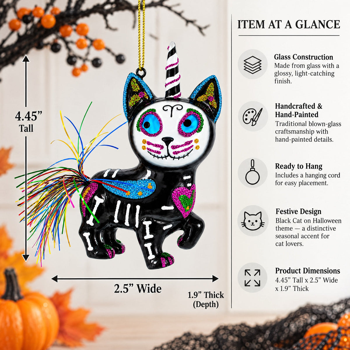 Black Cat on Halloween Glass Christmas Ornament