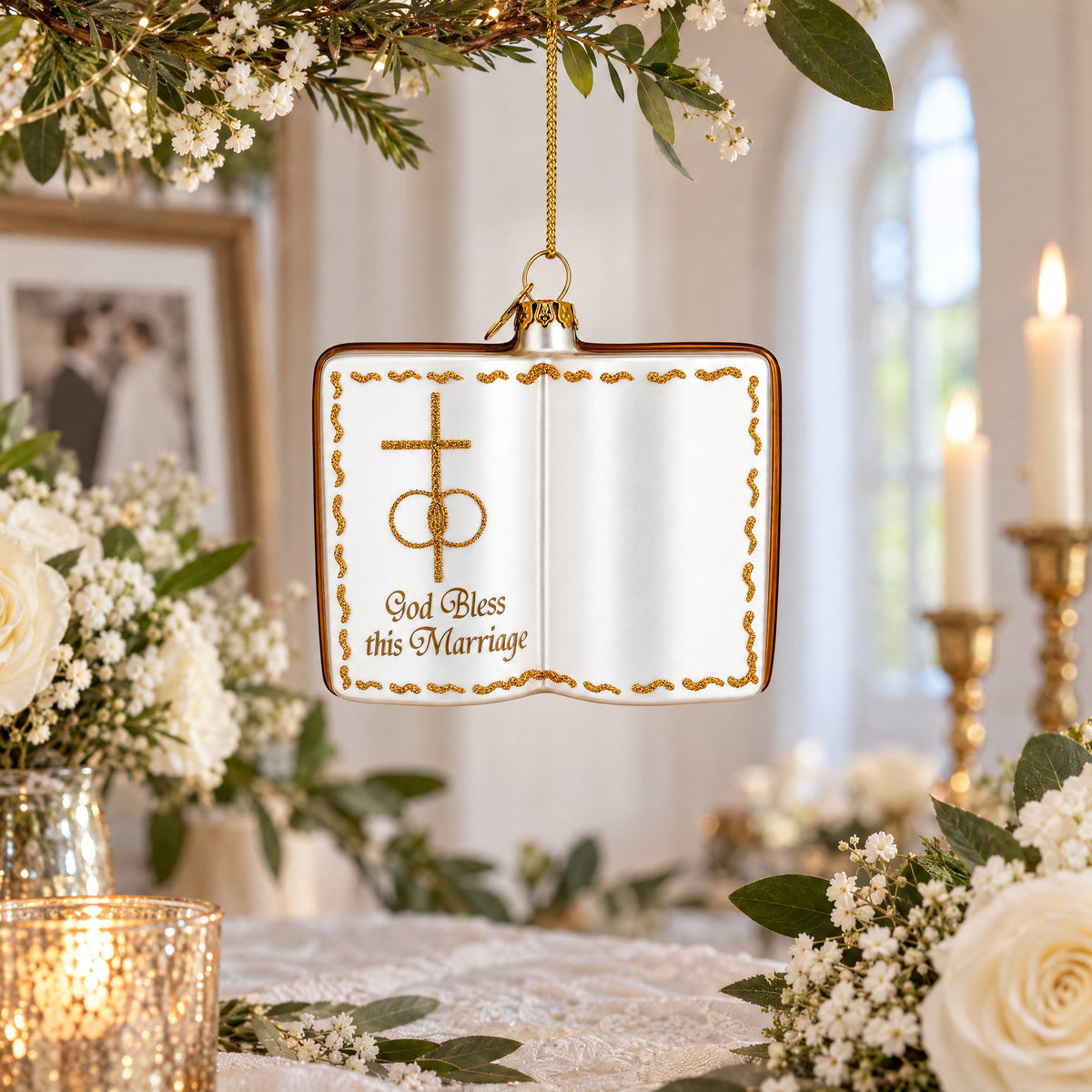 Romantic Wedding Book Glass Christmas Ornament