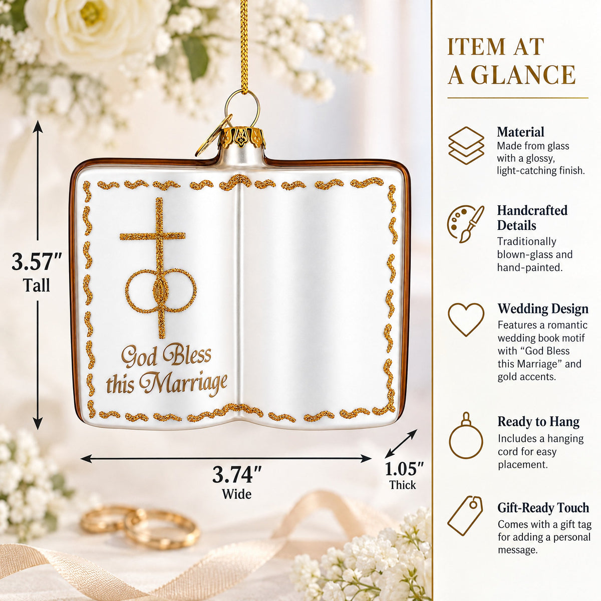 Romantic Wedding Book Glass Christmas Ornament