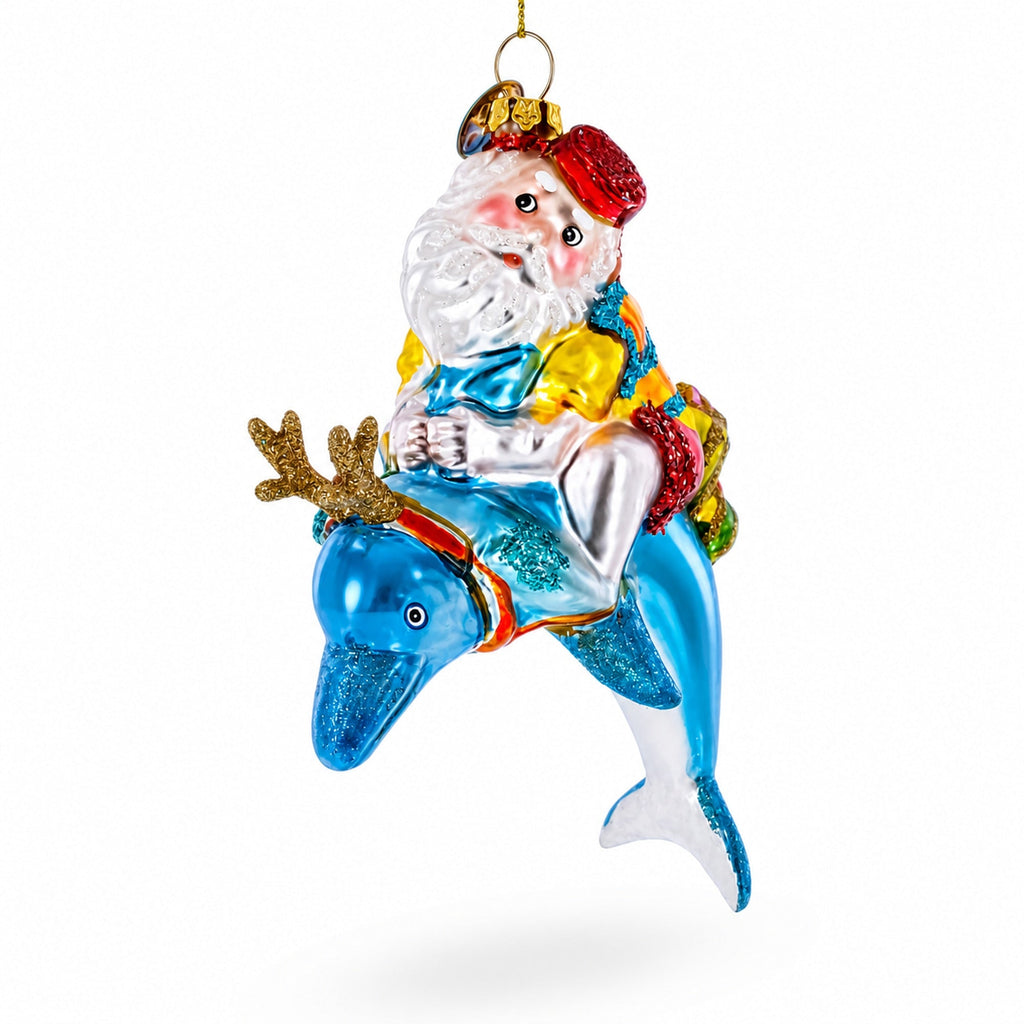Santa Diver Riding Dolphin Glass Christmas Ornament