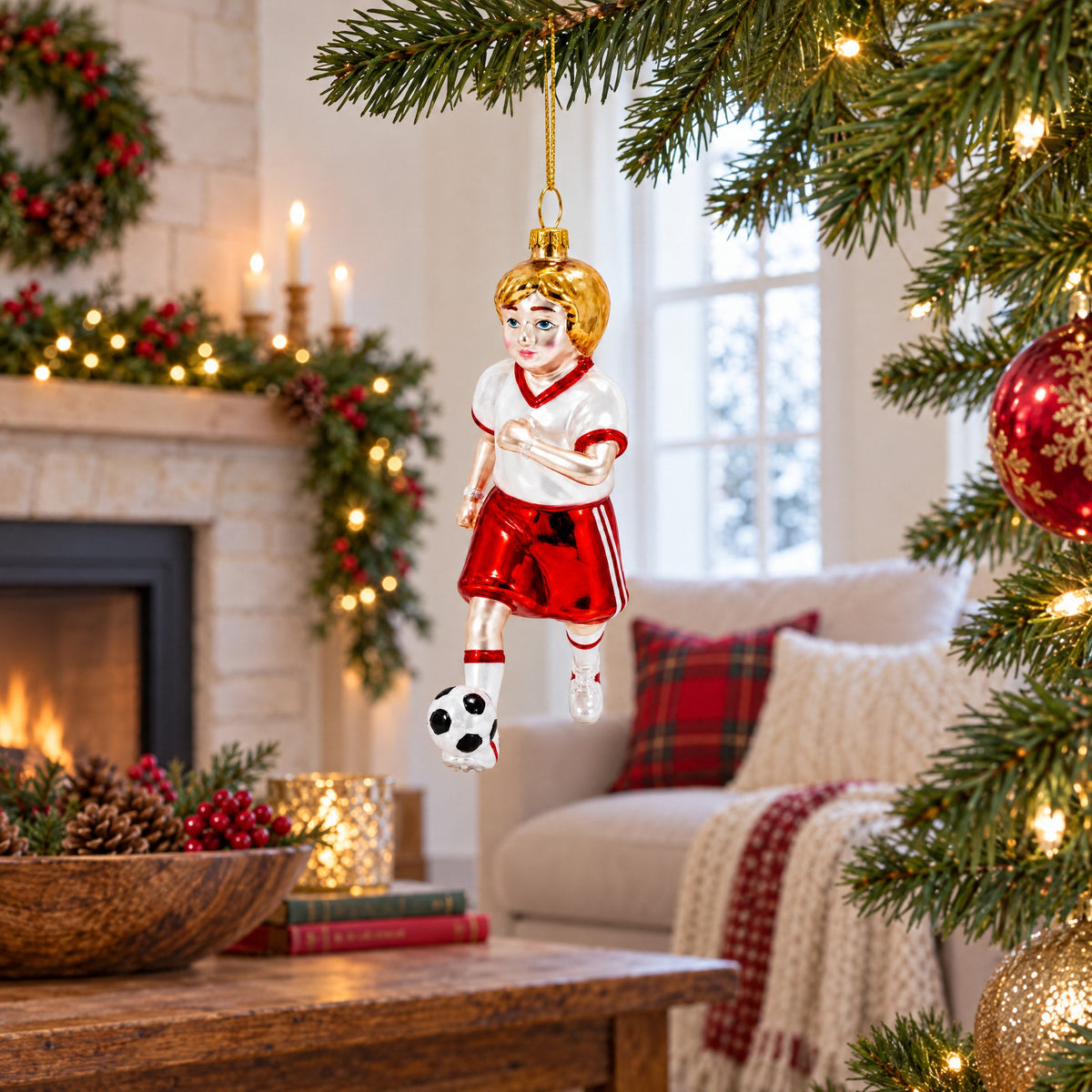 Girl Playing Soccer Glass Christmas Ornament