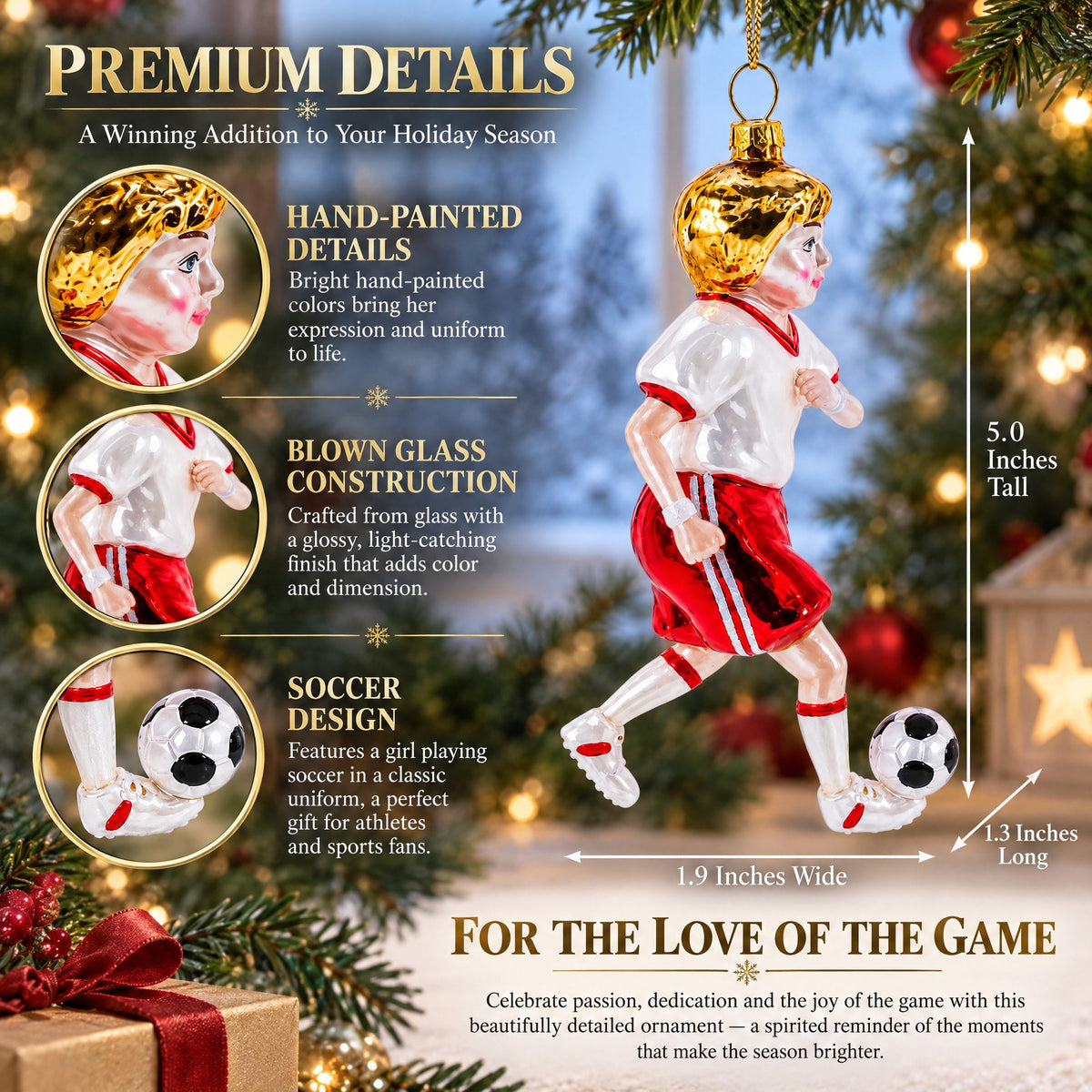 Girl Playing Soccer Glass Christmas Ornament
