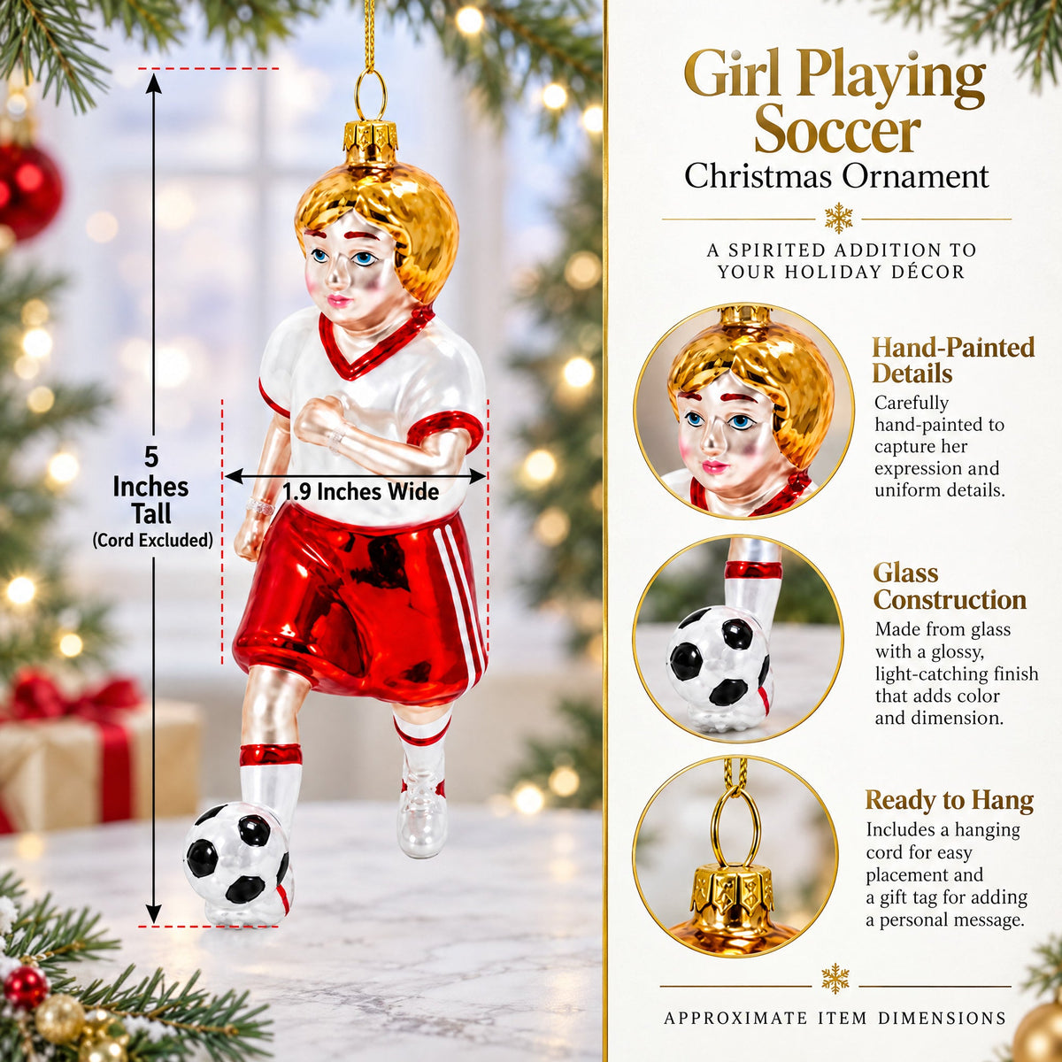 Girl Playing Soccer Glass Christmas Ornament