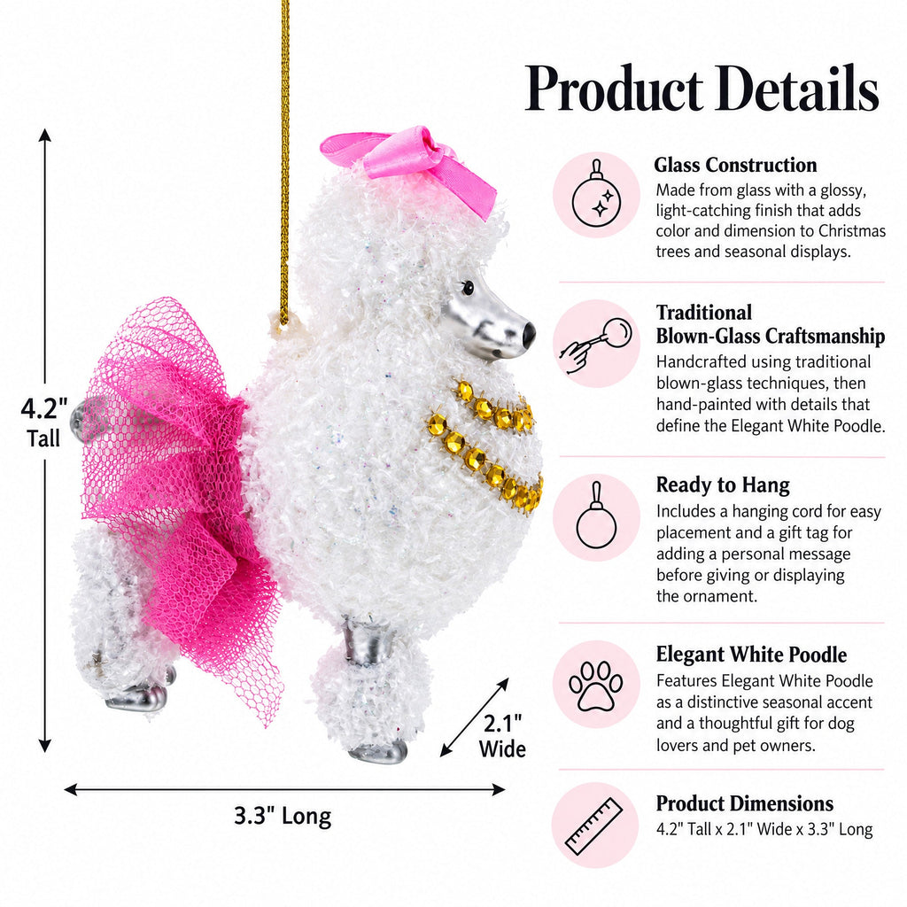 Elegant White Poodle Glass Christmas Ornament