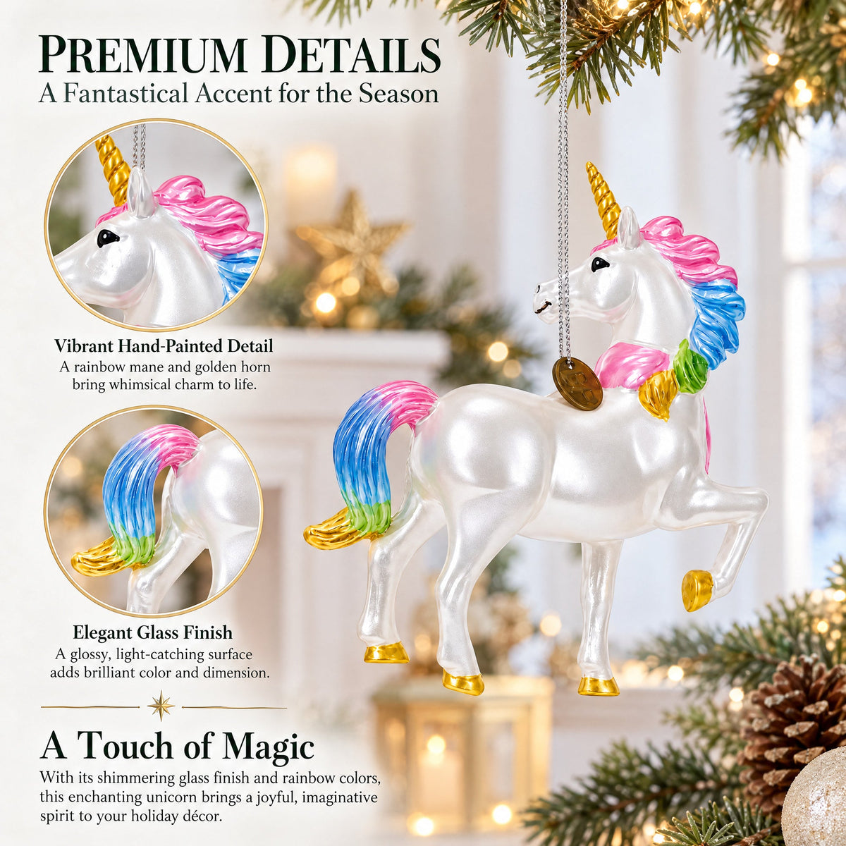 Rainbow Unicorn Glass Christmas Ornament