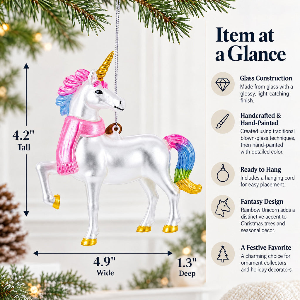 Rainbow Unicorn Glass Christmas Ornament