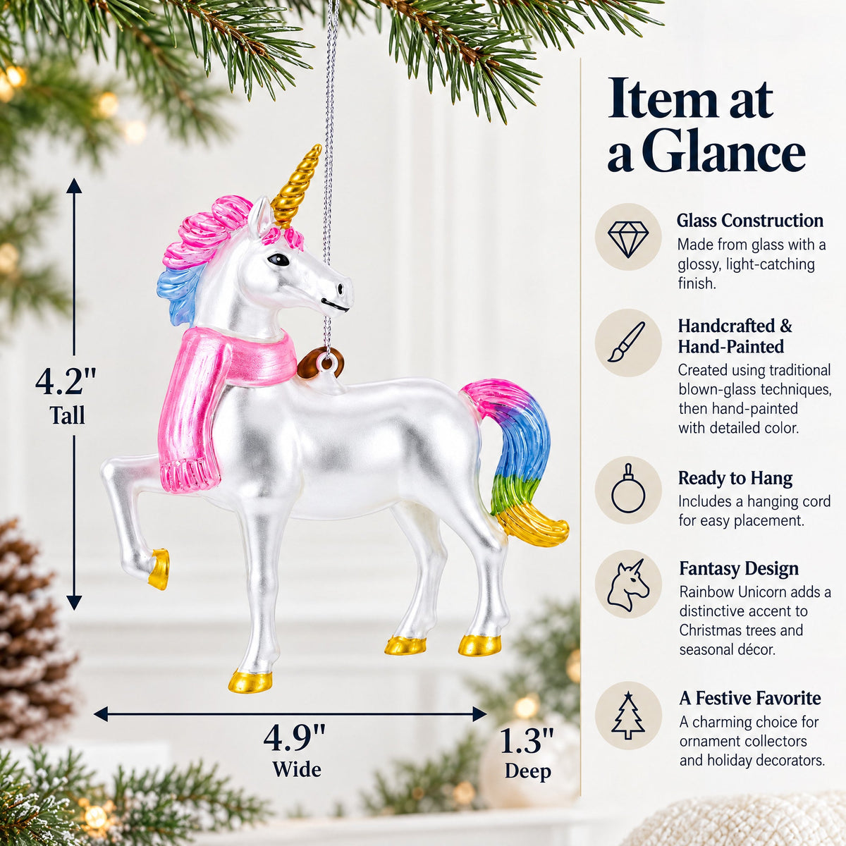 Rainbow Unicorn Glass Christmas Ornament