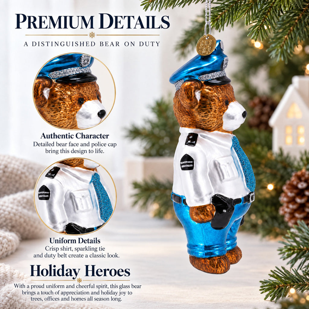 Police Bear Glass Christmas Ornament