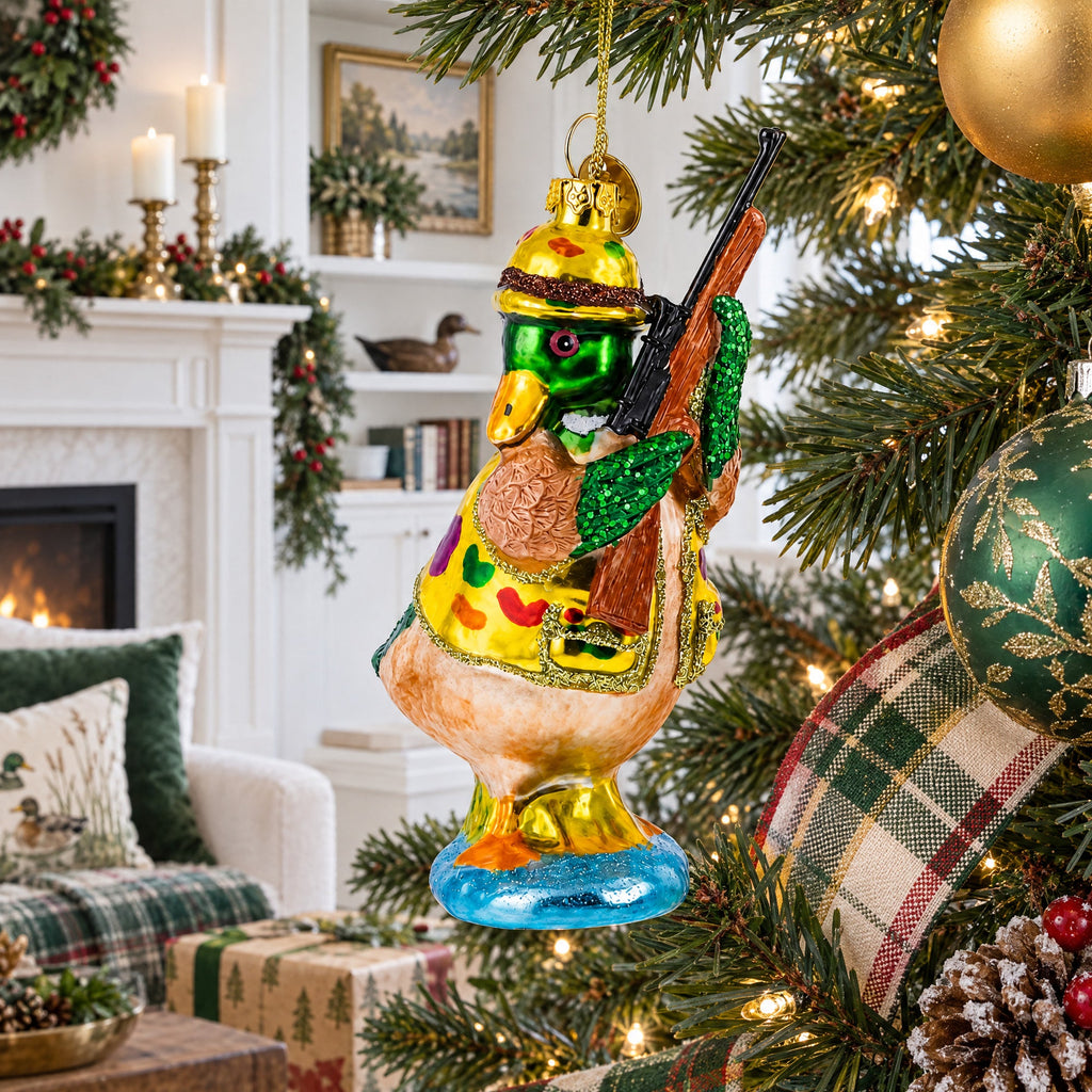 Duck the Hunter Glass Christmas Ornament