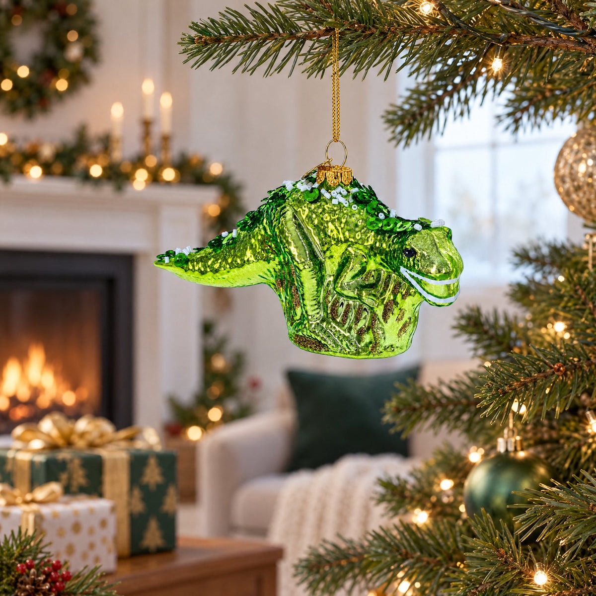 Green Dinosaur with Beads Glass Christmas Ornament