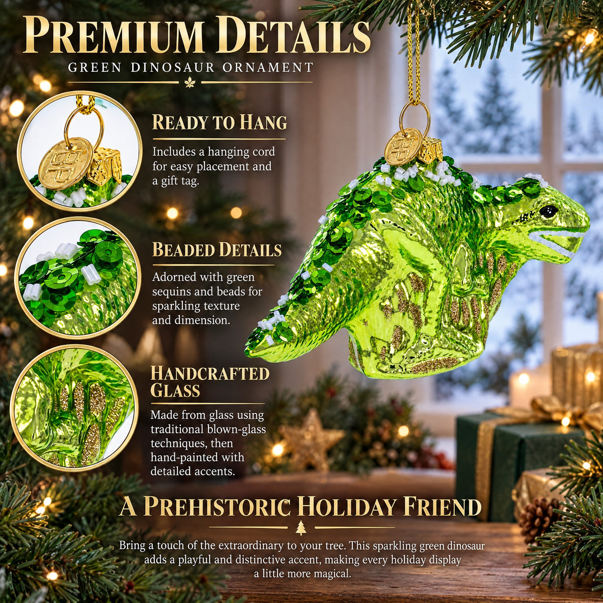 Green Dinosaur with Beads Glass Christmas Ornament