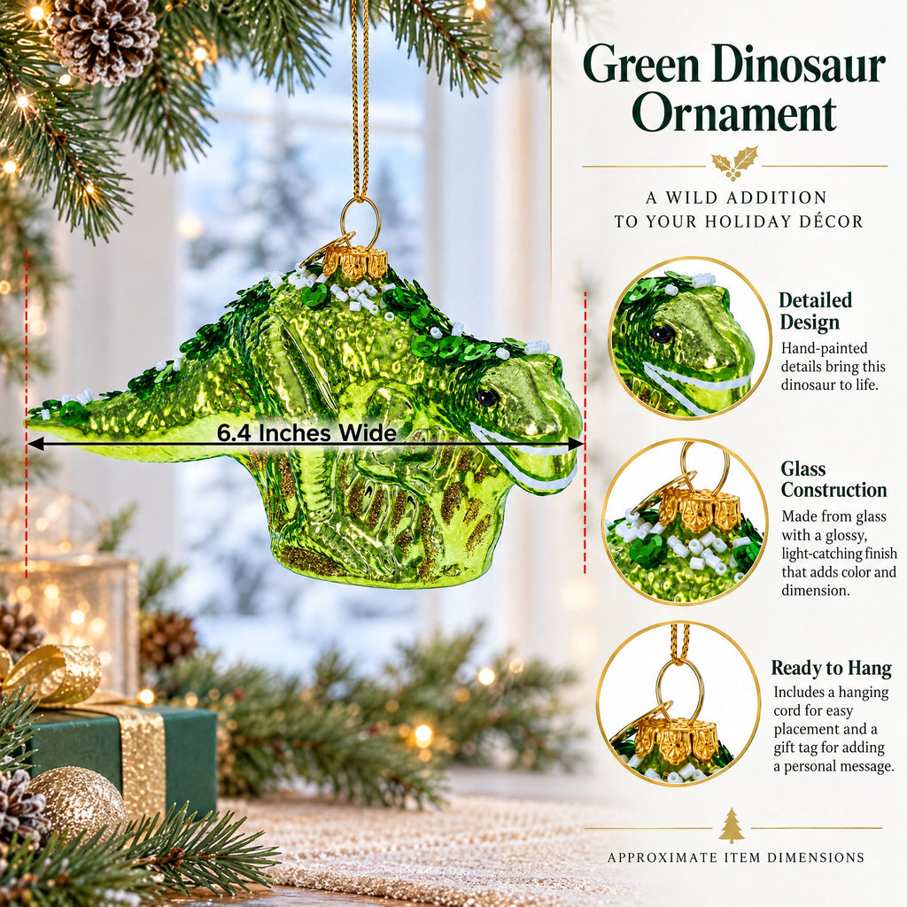 Green Dinosaur with Beads Glass Christmas Ornament