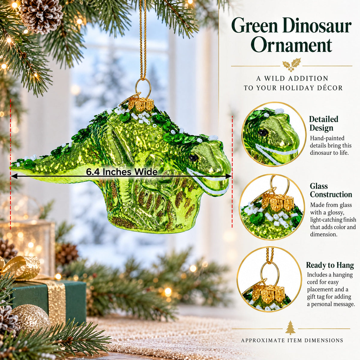 Green Dinosaur with Beads Glass Christmas Ornament