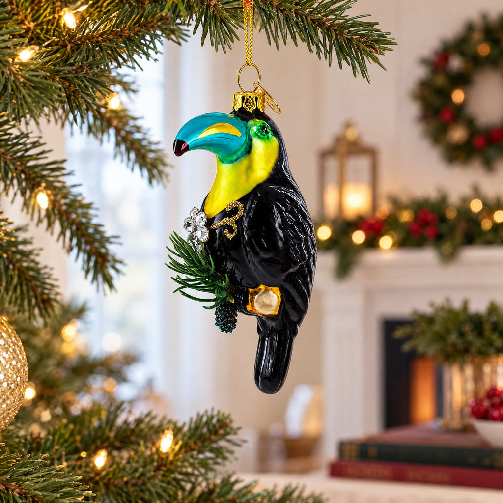 Toucan with Pine Branch Glass Christmas Ornament