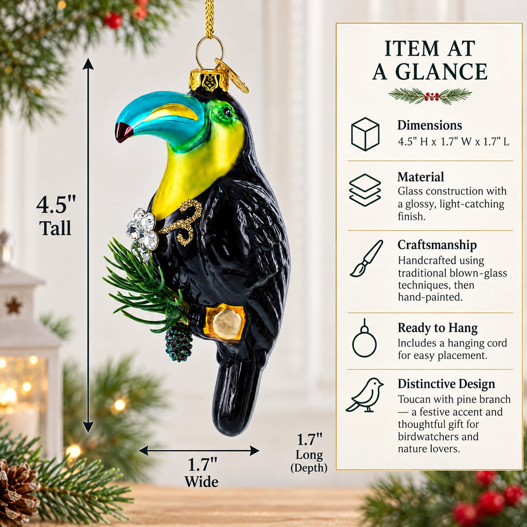 Toucan with Pine Branch Glass Christmas Ornament