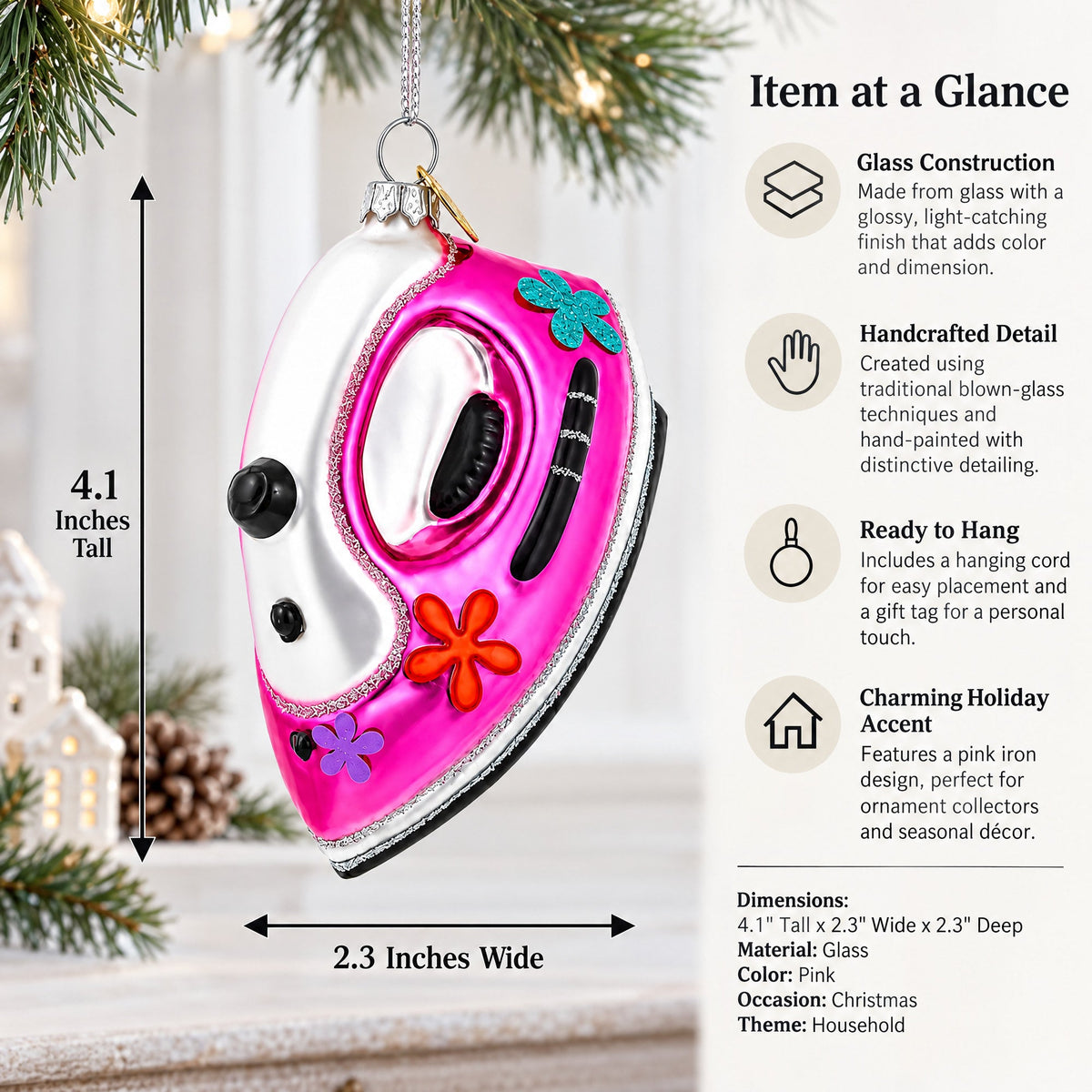 Pink Iron Glass Christmas Ornament