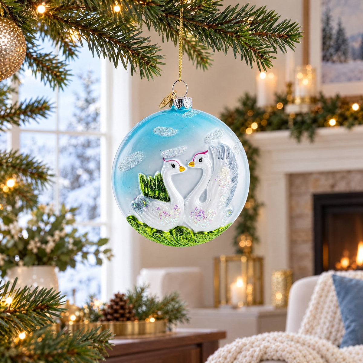 Loving Swans Couple Glass Christmas Ornament