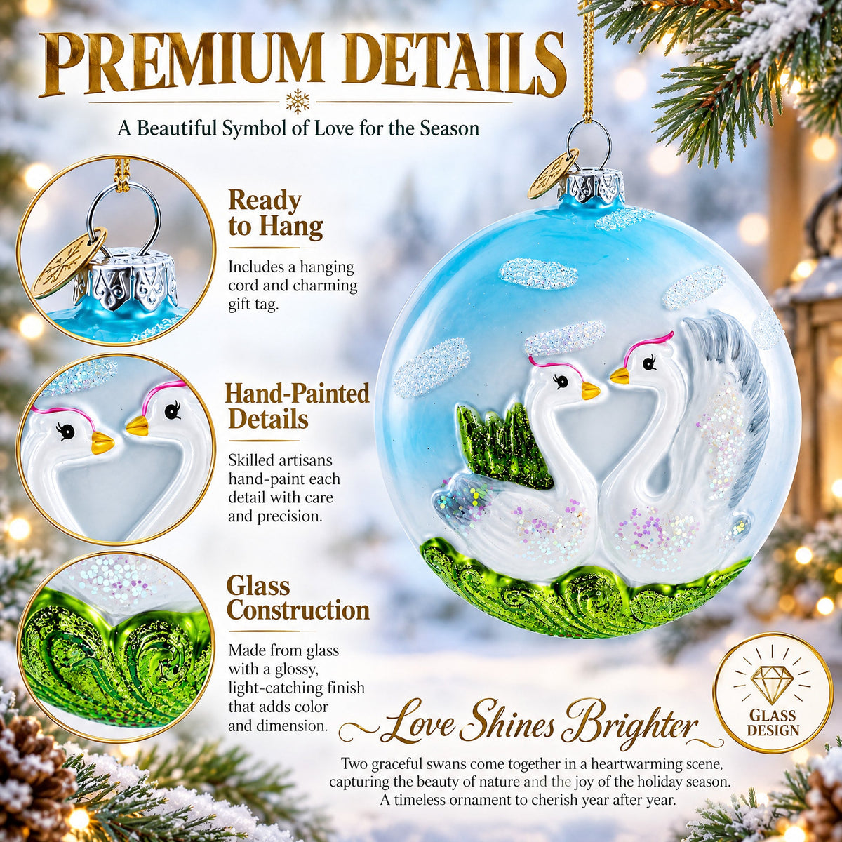 Loving Swans Couple Glass Christmas Ornament