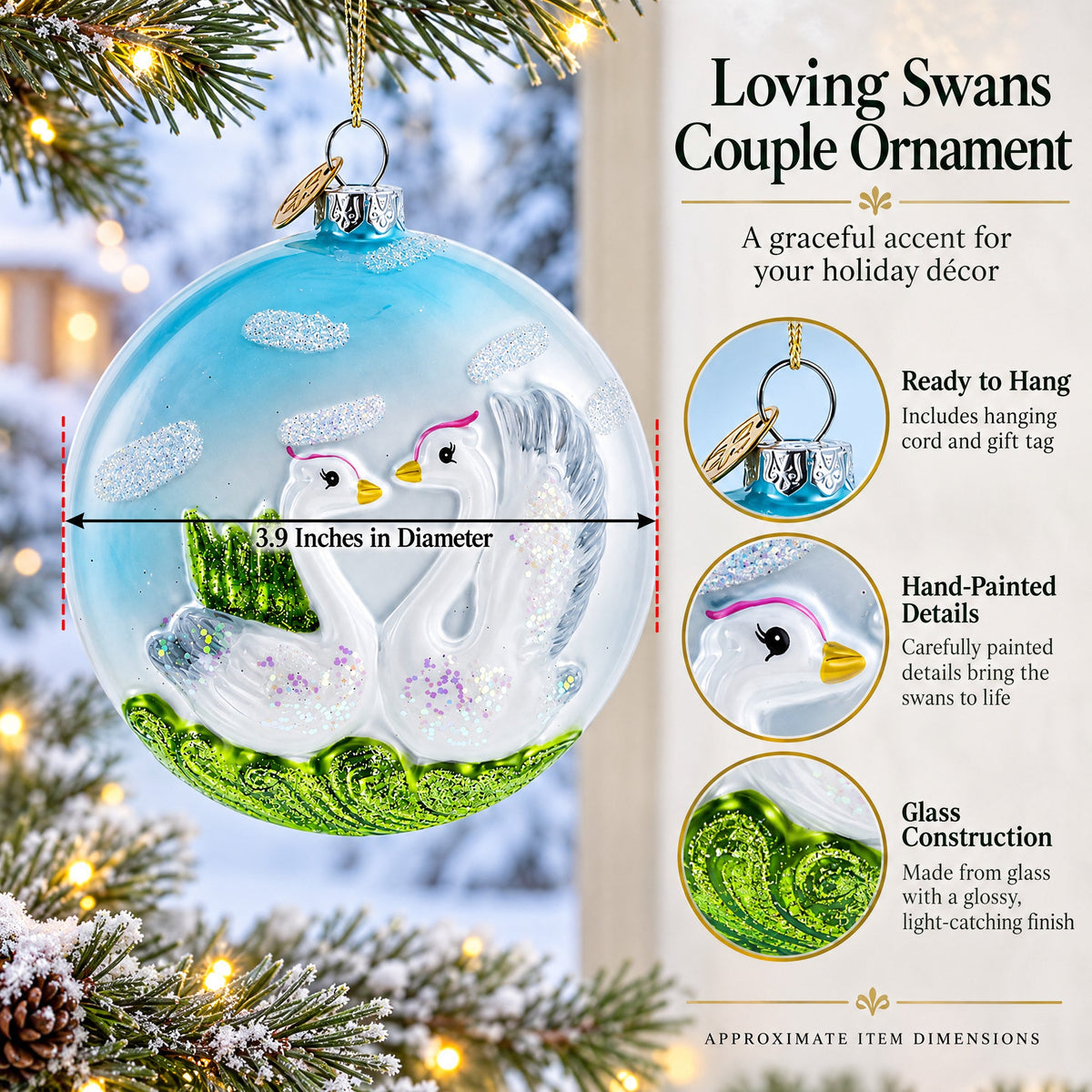 Loving Swans Couple Glass Christmas Ornament