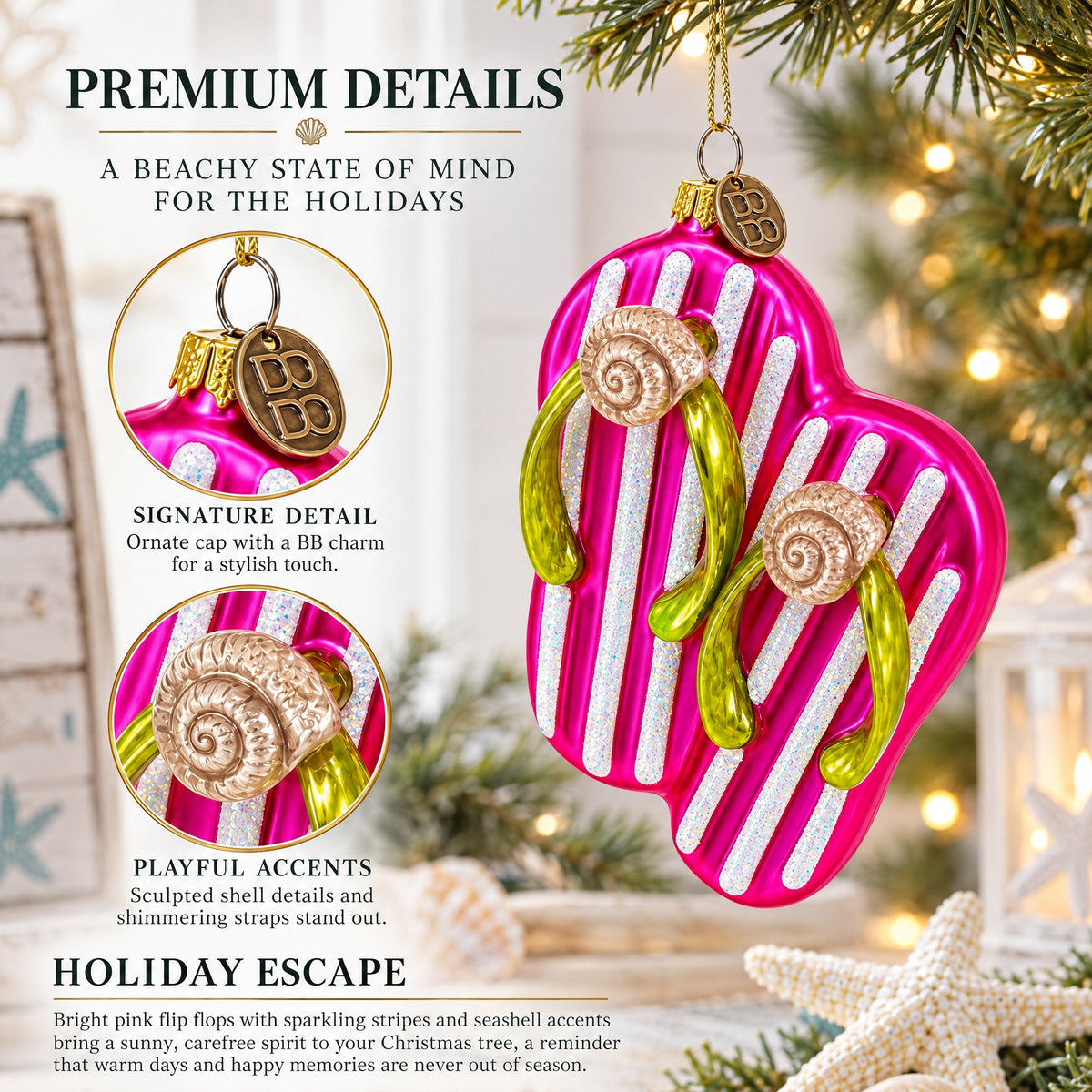 Pink Flip Flops Slippers Glass Christmas Ornament