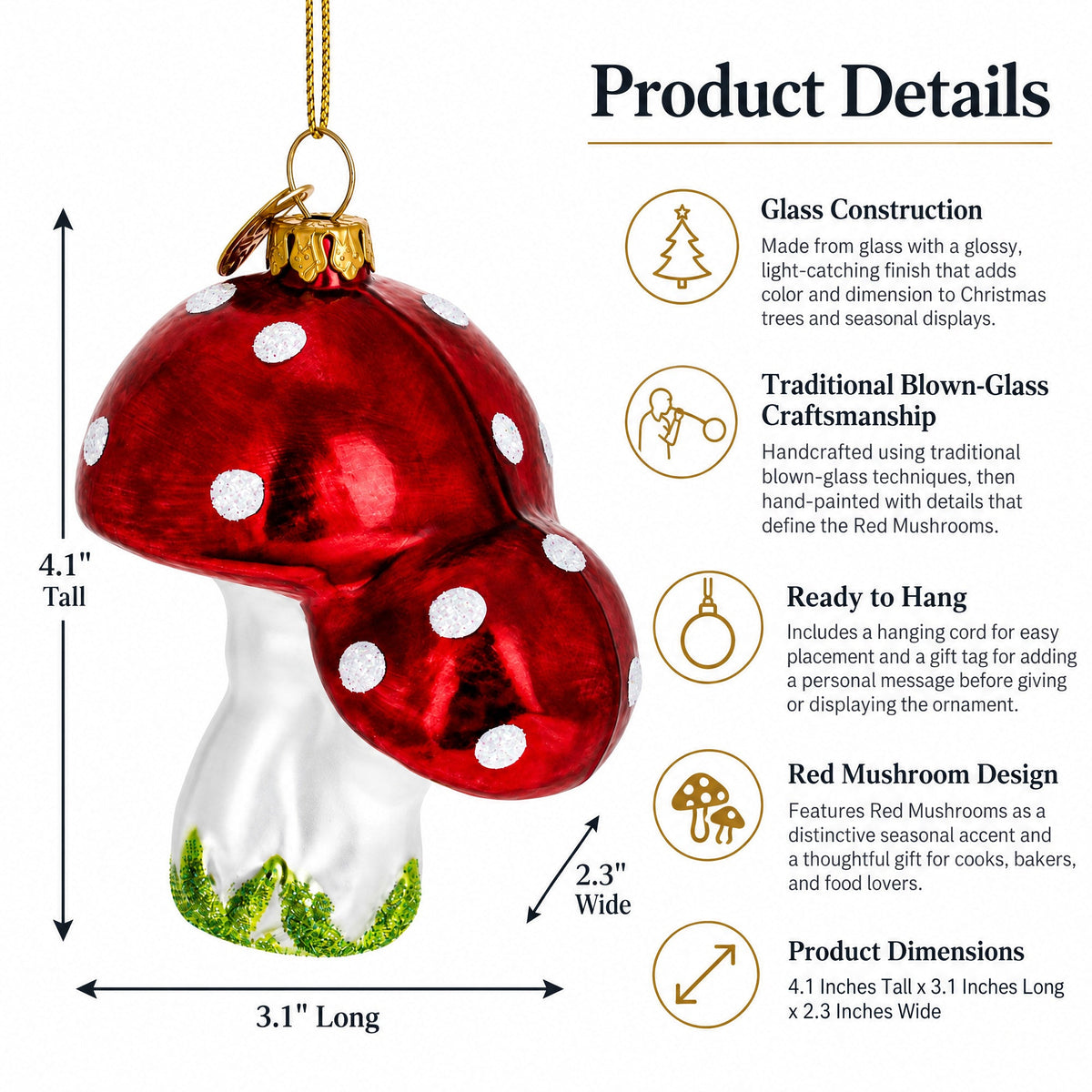 Red Mushrooms Glass Christmas Ornament