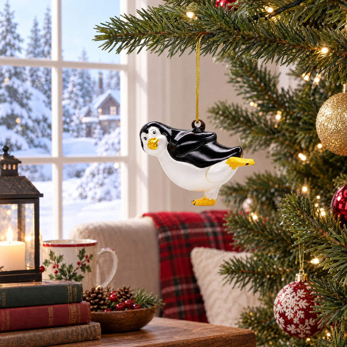 Penguin Skating Glass Christmas Ornament