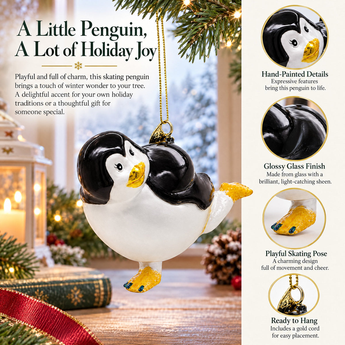 Penguin Skating Glass Christmas Ornament