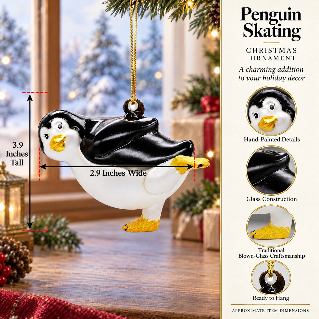 Penguin Skating Glass Christmas Ornament
