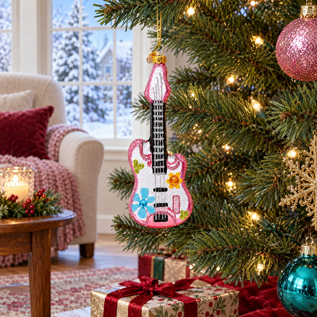 Blossom-Adorned Guitar Glass Christmas Ornament