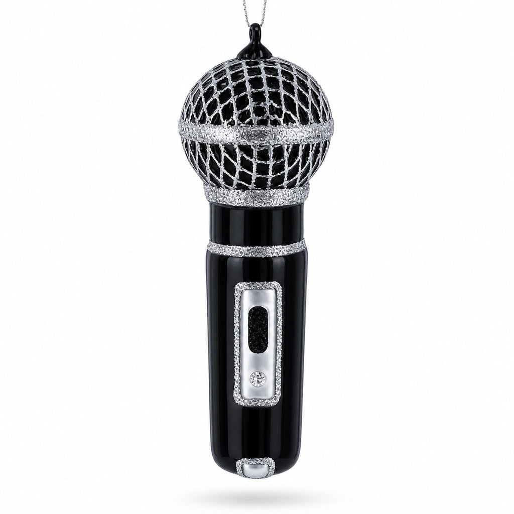 Black Microphone Glass Christmas Ornament