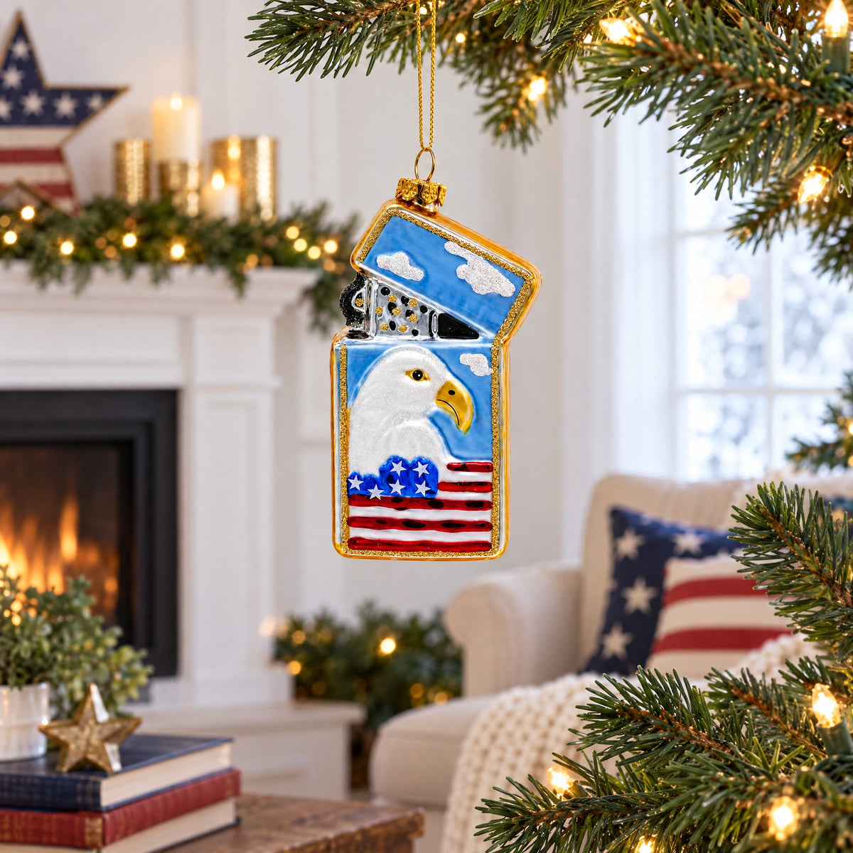Lighter with USA Flag and Eagle Glass Christmas Ornament