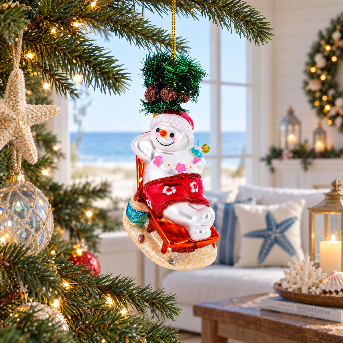 Tropical Snowman on the Beach Exotic Glass Christmas Ornament