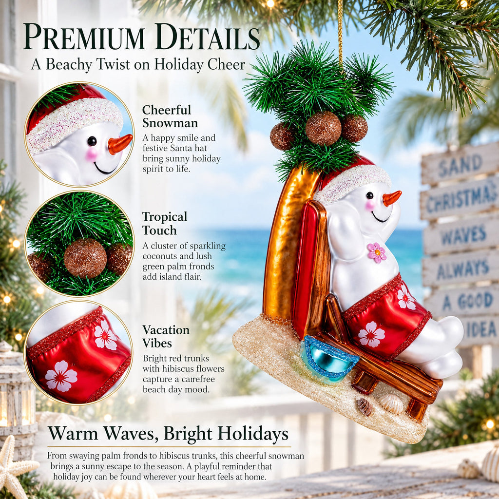 Tropical Snowman on the Beach Exotic Glass Christmas Ornament